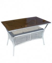 Правоъгълна маса,бял ратан,стъклен плот,150 см.